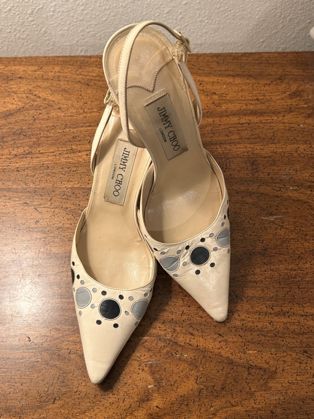 Jimmy Choo Cream Pointed-Toe Slingback Heels with Black and Gray Accents
